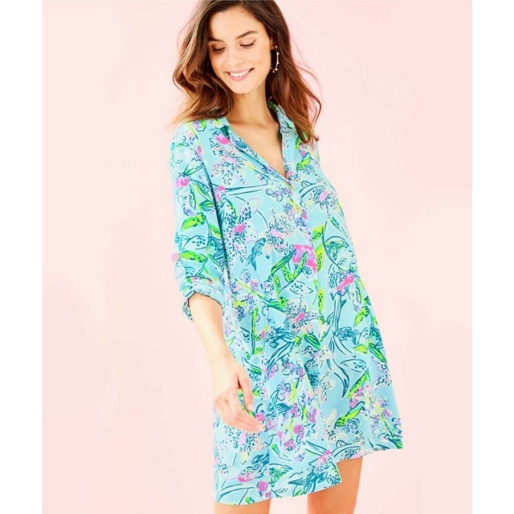 Lilly Pulitzer Aqua Floral Mini Dress with Pink & Green Accents